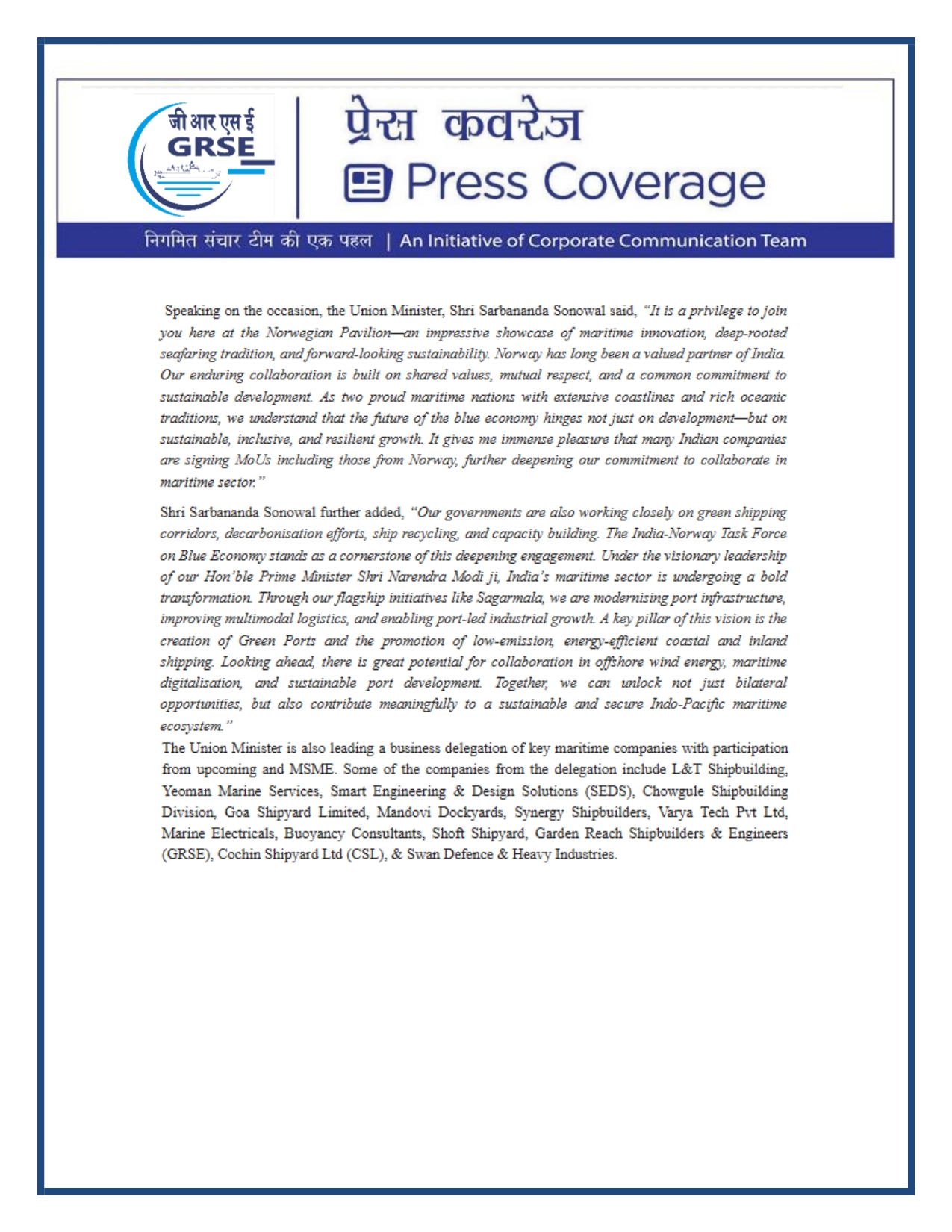 Press Coverage : CMD,GRSE conferred on CMA's Management Excellence Award 2025  